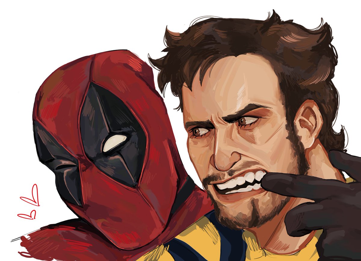 2boys, beard, black_gloves, brown_eyes, brown_hair, chrisikinss, commentary, deadpool