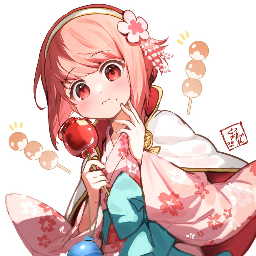 1girl, candy_apple, dango, eating, fire_emblem, fire_emblem_fates, fire_emblem_heroes, food, food_on_face, hairband, highres, japanese_clothes, kimono, long_sleeves, looking_at_viewer, nakabayashi_zun, official_alternate_costume, pink_eyes, pink_hair, pink_kimono, sakura_(fire_emblem), sakura_(yukata)_(fire_emblem), short_hair, skewer, solo, upper_body, wagashi, white_background, wide_sleeves, yukata