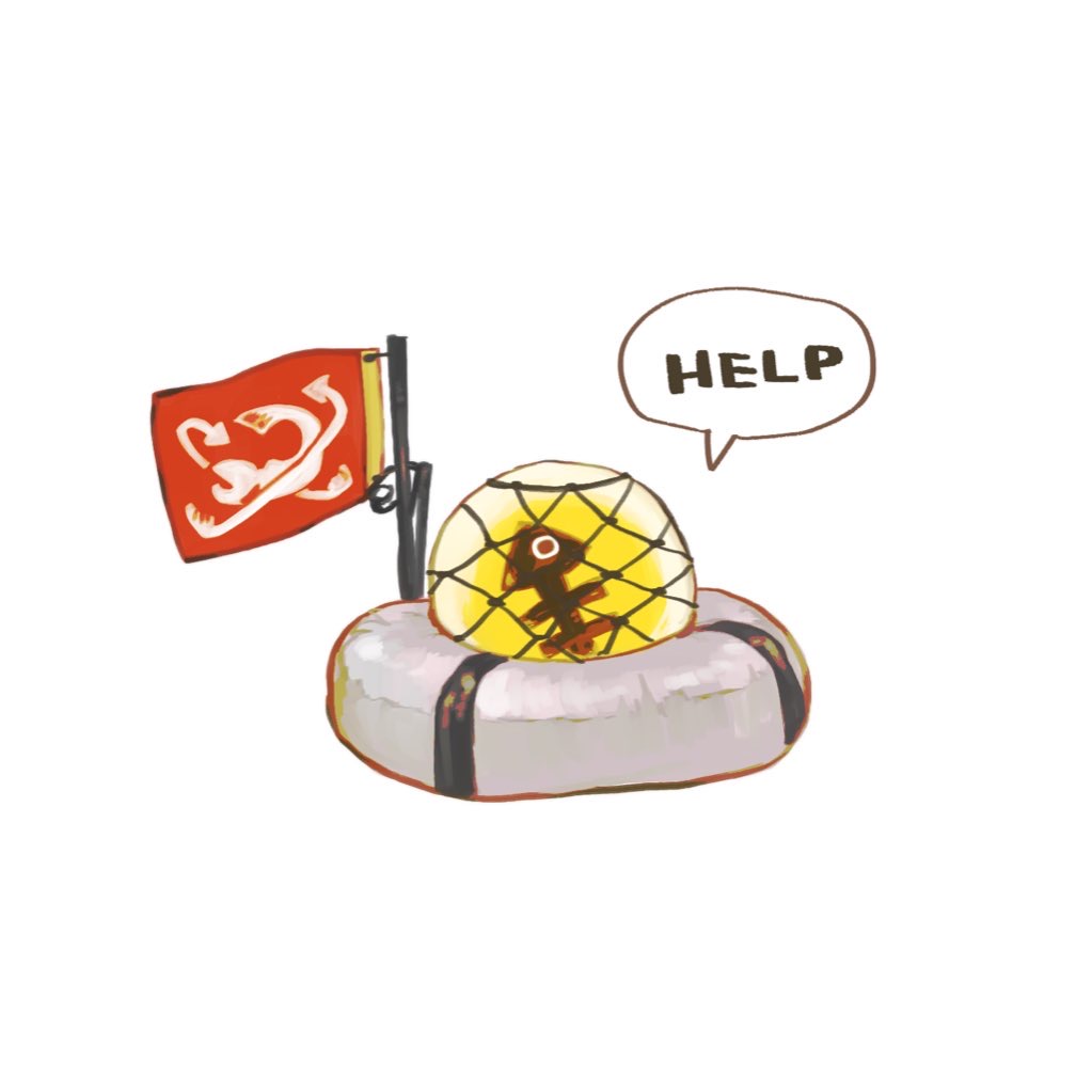 commentary, ebifurai_kakigwa, english_text, flag, golden_egg_(splatoon), lifebuoy, logo, no_humans