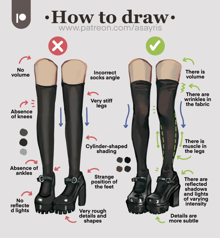 1girl, arrow_(symbol), asayris_art, black_footwear, black_thighhighs, checkmark, color_guide, commentary, english_commentary, english_text, grey_background, high_heels, highres, how_to, leg_focus, leg_only, original, patreon_logo, patreon_username, platform_footwear, platform_heels, simple_background, thigh-highs, web_address, x