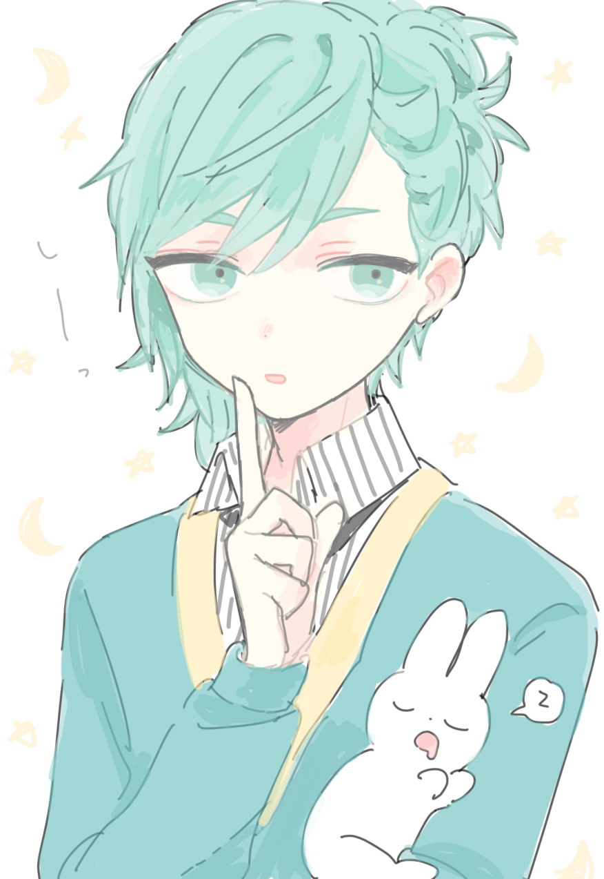 1boy, blue_eyes, blue_jacket, collared_shirt, dot_nose, drooling, highres, index_finger_raised