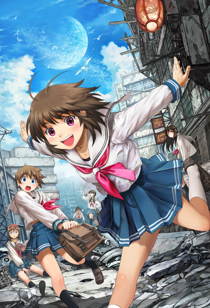 :d, ahoge, bag, bird, black_hair, blue_eyes, book, brown_hair, cityscape, happy, lantern, moon, multiple_girls, open_mouth, original, paper_lantern, purple_eyes, ruins, s_(joyk1214), school_uniform, serafuku, sky, smile, violet_eyes