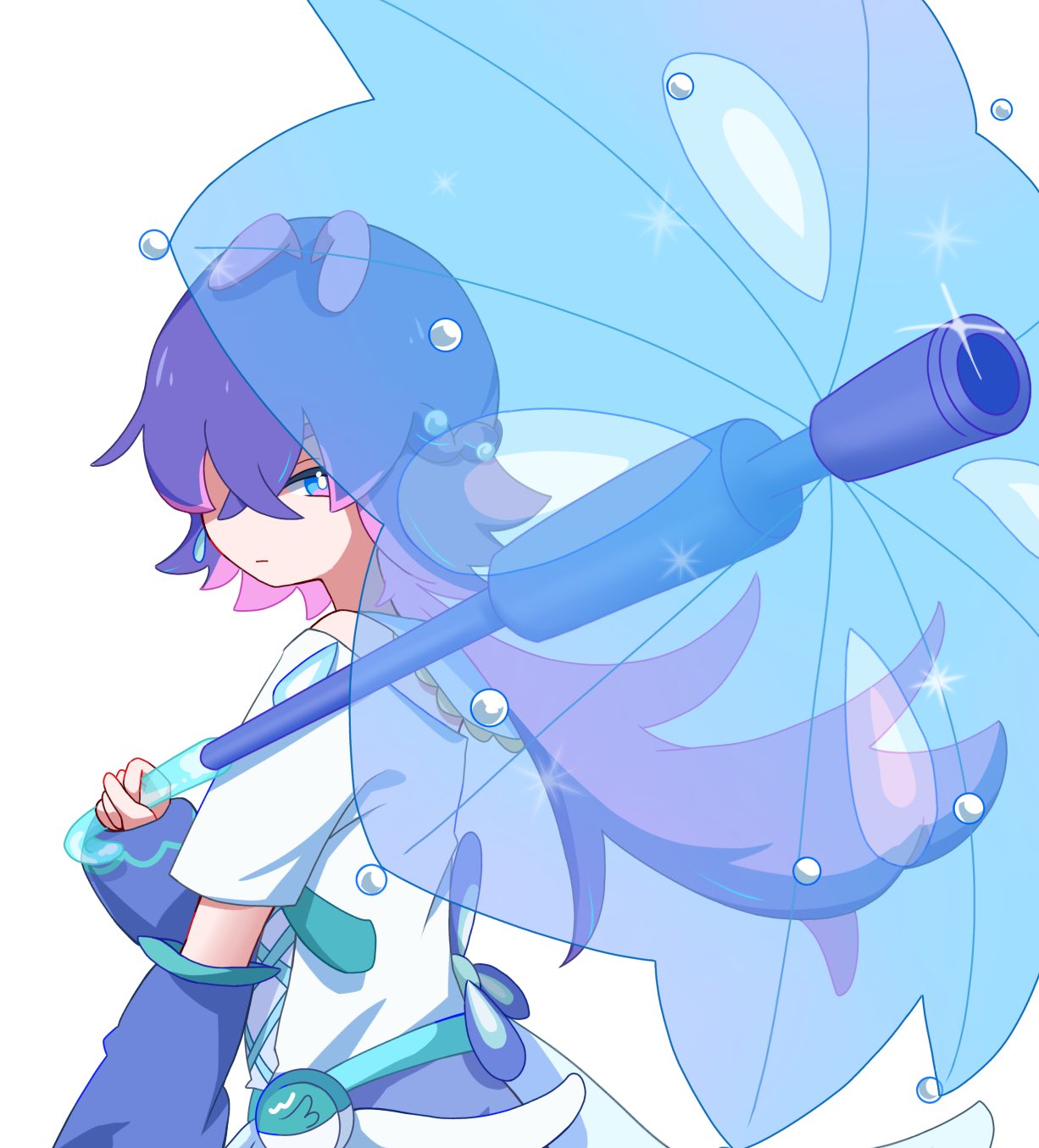 1girl, blue_eyes, bow, closed_mouth, cosplay, dot_(pokemon), gloves, hair_ornament