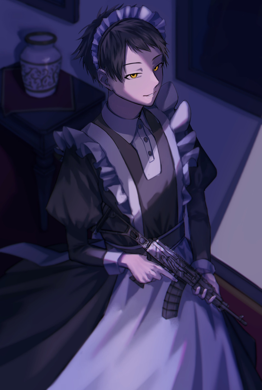 18trip, 1boy, absurdres, ameuma_rain, apron, back_bow, black_dress, black_hair, bow, buttons, chest_of_drawers, collared_dress, commentary, commentary_request, cowboy_shot, crossdressing, dress, frilled_apron, frilled_sleeves, frills, from_above, gun, highres, holding, holding_gun, holding_weapon, indoors, kinouchi_tao, long_sleeves, maid_apron, maid_headdress, male_focus, painting_(object), parted_lips, partially_shaded_face, short_hair, smile, solo, vase, weapon, white_bow, white_wrist_cuffs, wrist_cuffs, yellow_eyes