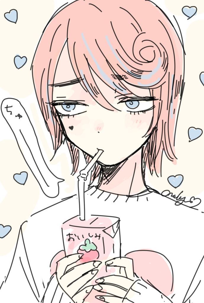 1boy, blue_eyes, blush, drinking_straw, drinking_straw_in_mouth, facial_mark, hair_between_eyes, heart