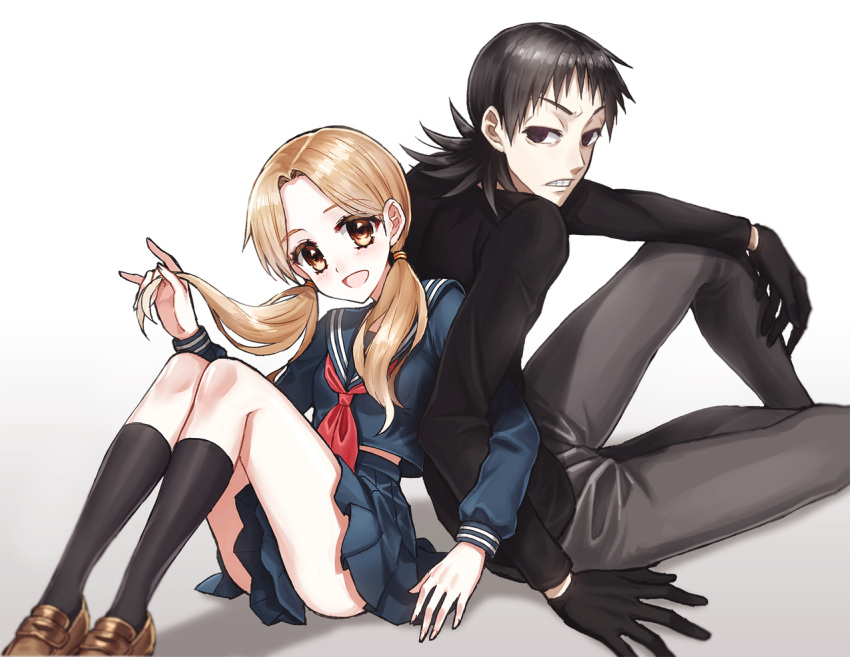 1boy, 1girl, annoyed, back-to-back, black_eyes, black_gloves, black_hair, black_shirt, blue_serafuku, brown_eyes, brown_hair, clothes_between_thighs, empty_eyes, frown, gloves, grey_pants, grin, hand_on_own_knee, happy, kneehighs, knees_up, loafers, locked_arms, long_hair, long_sleeves, looking_at_viewer, looking_back, low_twintails, midousuji_akira, mullet, on_ground, open_mouth, pale_skin, pants, parted_bangs, playing_with_own_hair, pleated_skirt, school_uniform, scowl, serafuku, shirt, shoes, short_bangs, sitting, size_difference, skirt, smile, socks, teeth, thighs, twintails, v-shaped_eyebrows, white_background, yowamushi_pedal, yuki-chan_(yowamushi_pedal), yuuheisyoujyo