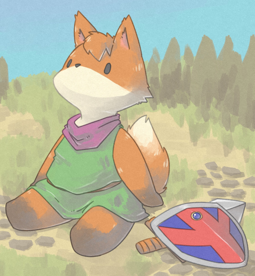 1boy, arms_at_sides, black_eyes, blue_sky, bluescape735, commentary_request, fox_boy, full_body
