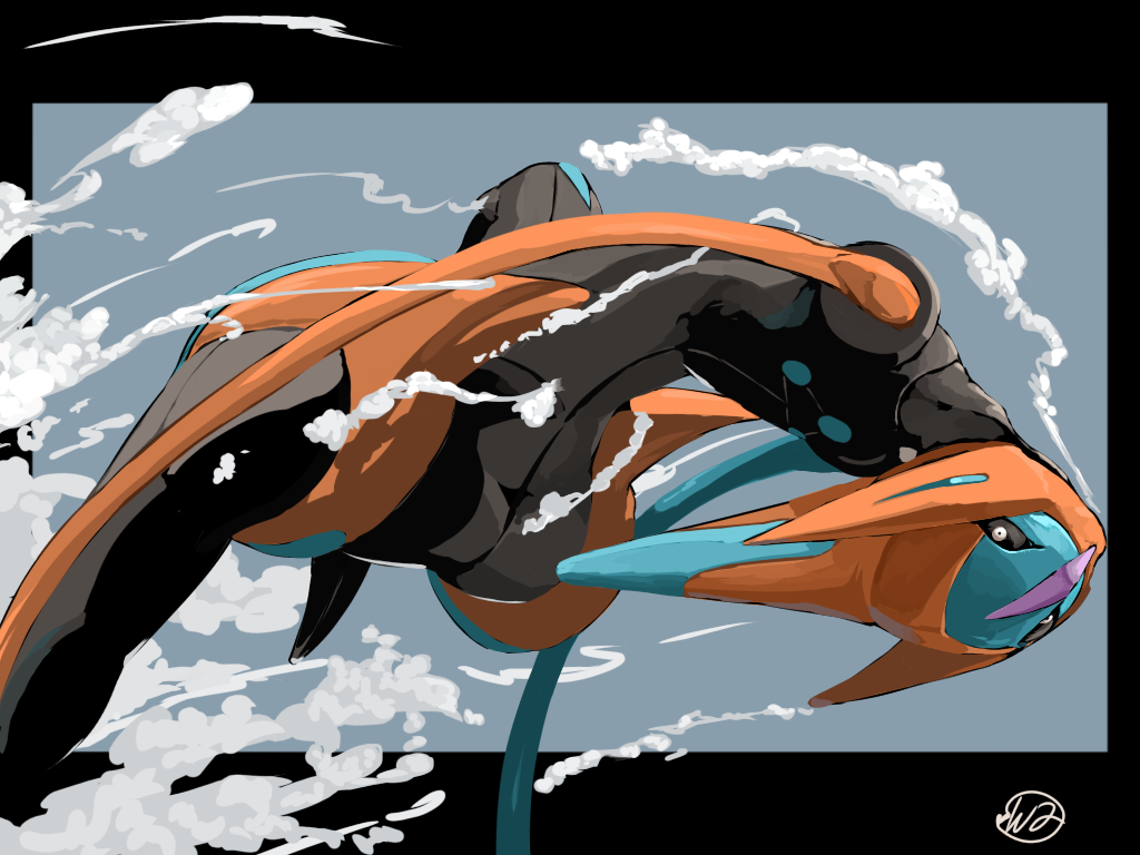 alternate_form, black_sclera, clouds, colored_sclera, deoxys, deoxys_(speed), no_humans, pokemon