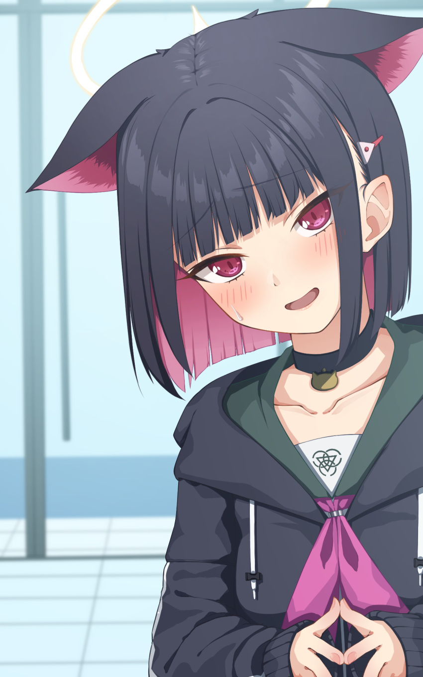 1girl, animal_ears, aobara_hairi, black_choker, black_hair, black_jacket, blue_archive, blue_background