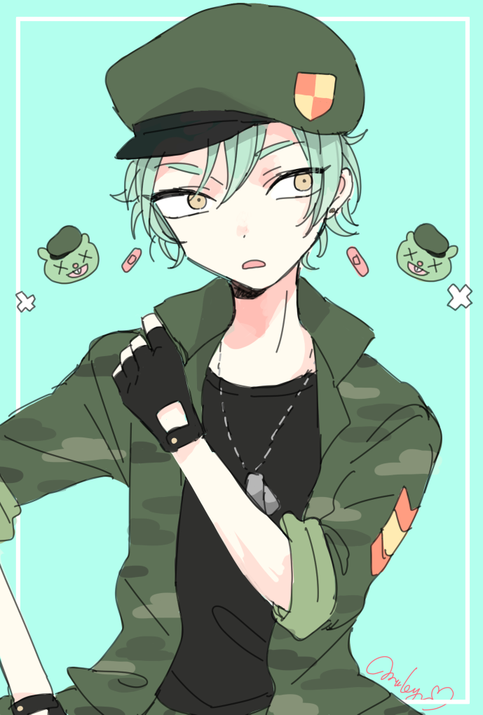 1boy, bandaid, beret, black_gloves, black_shirt, blue_background, brown_eyes, camouflage