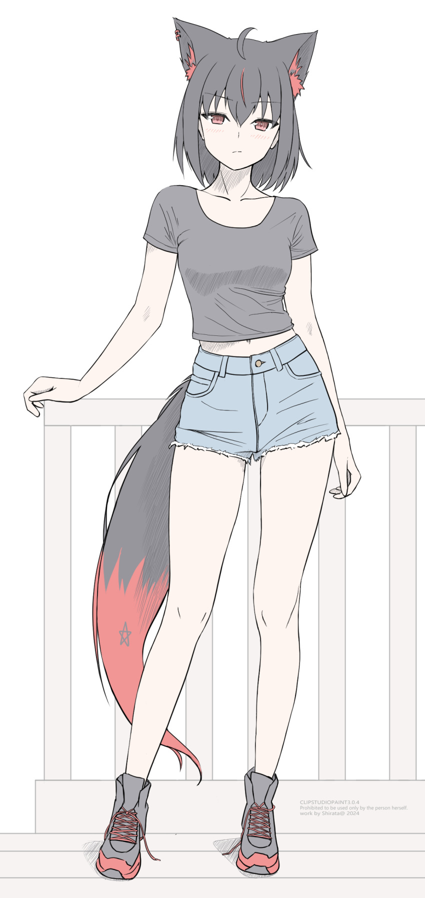 1girl, :/, absurdres, ahoge, alternate_costume, animal_ear_fluff, animal_ears, black_footwear