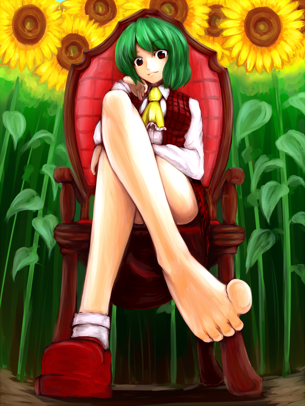ascot, bad_id, bare_legs, barefoot, chair, crossed_legs, feet, flower