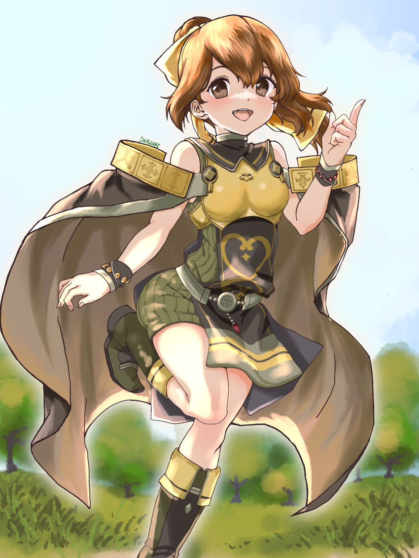 1girl, absurdres, armor, boots, breastplate, brown_cape, brown_eyes, brown_hair, cape, commentary_request, delthea_(fire_emblem), fang, fire_emblem, fire_emblem_echoes:_shadows_of_valentia, highres, index_finger_raised, long_hair, looking_at_viewer, muneate, solo, standing, standing_on_one_leg, studio_sugimoto