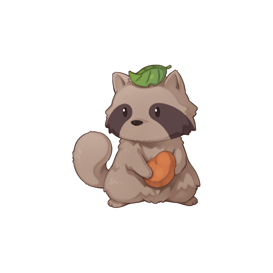 animal_focus, chibi, chibi_only, food, full_body, holding, holding_food, leaf, leaf_on_head, no_humans, official_art, potato, raccoon, ragnarok_online, simple_background, smokie_(ragnarok_online), solo, transparent_background, yuichirou