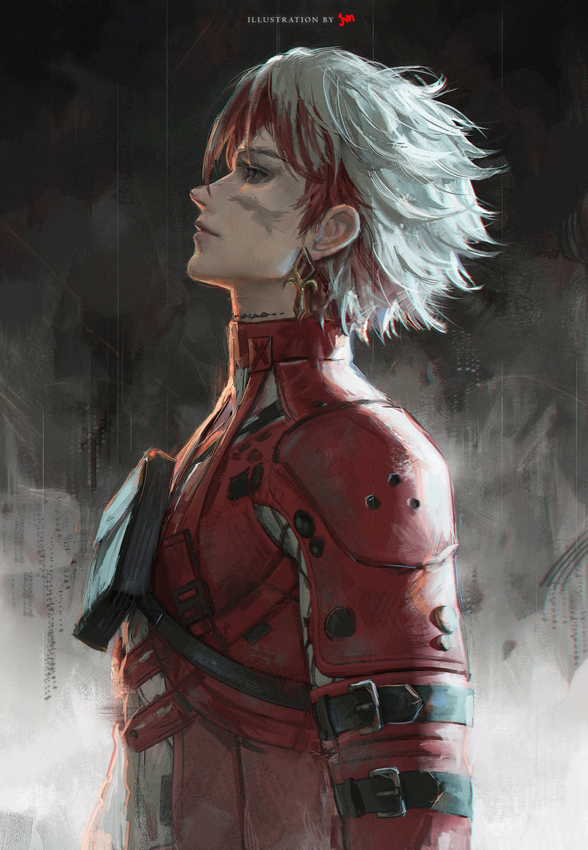 1boy, absurdres, arm_belt, artist_name, belt, black_belt, black_pouch, burn_scar, chromatic_aberration, closed_mouth, coat, commentary, cross, cross_earrings, earrings, from_side, grey_eyes, highres, jewelry, jvndraws, looking_up, male_focus, multicolored_hair, profile, rain, red_coat, redhead, scar, scar_(wuthering_waves), solo, two-tone_hair, upper_body, white_hair, wuthering_waves