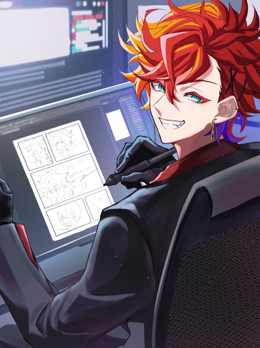 1boy, aqua_eyes, asymmetrical_bangs, black_gloves, black_jacket, chair, colored_eyelashes, drawing_tablet, ear_piercing, earrings, fang, from_behind, gloves, grin, hair_between_eyes, hair_ornament, hairclip, hanada_nadako, highres, hizaki_gamma, holding, holding_stylus, holostars, indoors, jacket, jewelry, long_sleeves, looking_at_viewer, looking_back, male_focus, multicolored_hair, orange_hair, piercing, purple_hair, redhead, short_hair, sitting, smile, solo, streaked_hair, stylus, swivel_chair, upper_body, virtual_youtuber