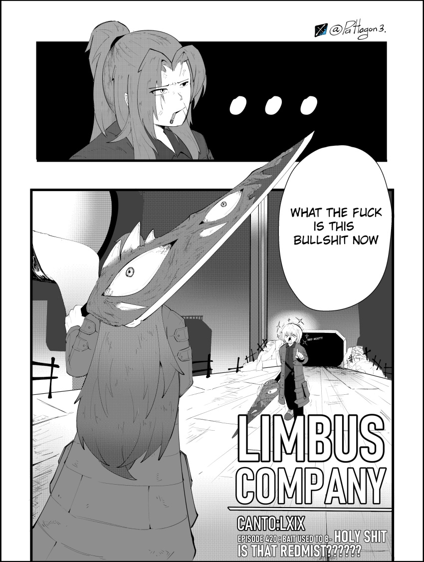 ..., 2girls, absurdres, black_shirt, boots, cigarette, coat, collared_shirt