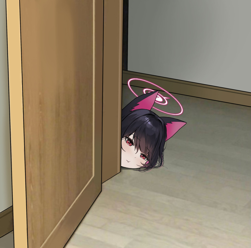 1girl, :t, absurdres, animal_ears, black_hair, blue_archive, blush, cat_ears
