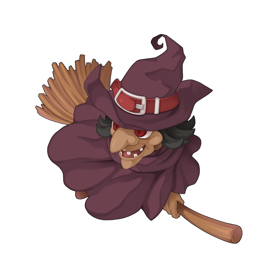 1girl, bathory, belt, big_nose, black_hair, broom, broom_riding, brown_belt