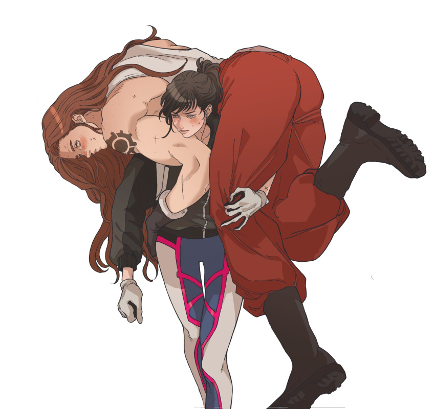 2girls, blush, bodysuit, boots, brigitte_(overwatch), brown_hair, cargo_pants, carrying, d.va_(overwatch), fireman's_carry, gloves, highres, jacket, long_hair, marceline2174, multiple_girls, muscular, muscular_female, overwatch, pants, plugsuit, ponytail, redhead, shoulder_tattoo, size_difference, sweat, tank_top, tattoo, white_background, yuri