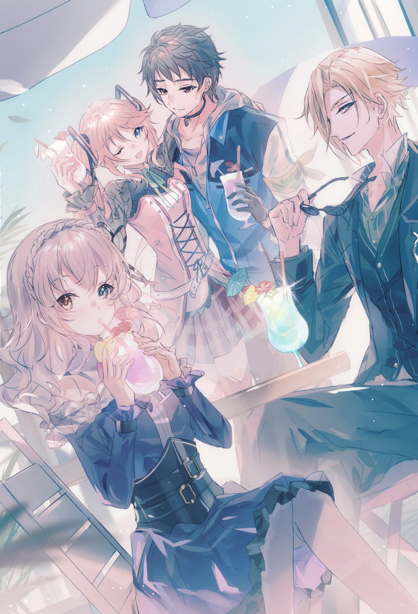 2boys, 2girls, belt, blonde_hair, blue_eyes, braid, brown_hair, c_(eiyuu_densetsu), commentary, crossed_legs, crown_braid, drink, drinking, eiyuu_densetsu, hajimari_no_kiseki, haku_wi, heterochromia, highres, holding, holding_drink, holding_removed_eyewear, lapis_rosenberg, multiple_boys, multiple_girls, nadia_rayne, one_eye_closed, pink_hair, plaid_clothes, plaid_skirt, red_skirt, rufus_albarea, short_hair, sitting, skirt, spoilers, sunglasses, swin_abel, symbol-only_commentary, unworn_eyewear, wavy_hair, yellow_eyes