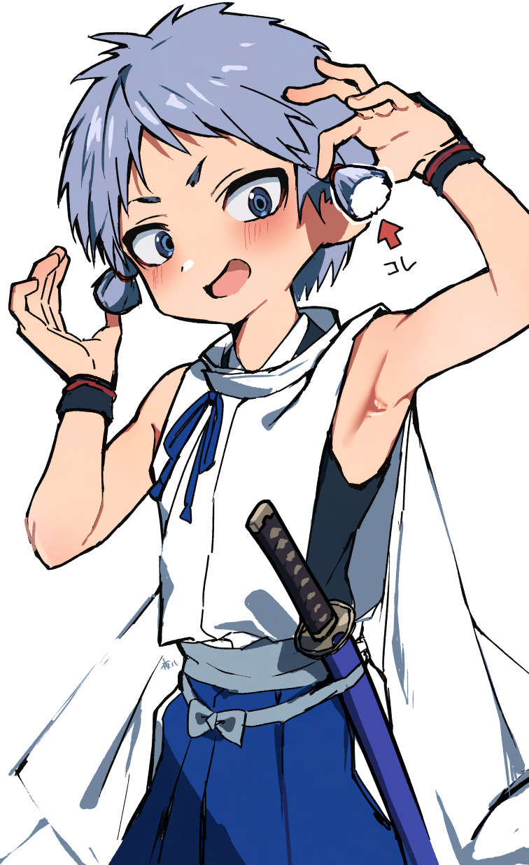 1boy, :d, armpits, arms_up, arrow_(symbol), blue_eyes, blue_hakama, blue_sash, blush, bow, cowboy_shot, grey_hair, hair_tie, hakama, hands_in_own_hair, head_tilt, highres, japanese_clothes, katana, nezu_kojirou, nige_jouzu_no_wakagimi, sanpaku, sash, scabbard, sheath, short_hair, simple_background, sleeveless, smile, solo, sword, very_short_hair, weapon, white_background, wrist_cuffs, yoruhachi