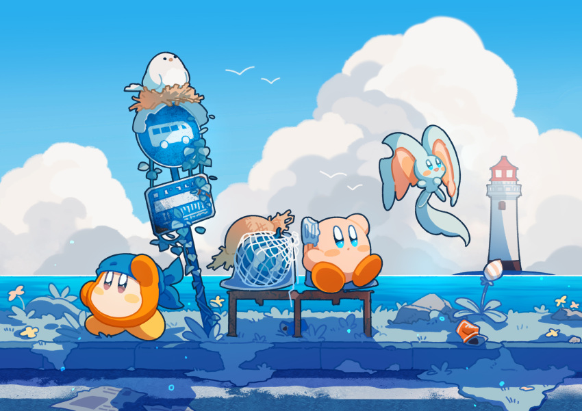 :o, absurdres, arm_up, bandana_waddle_dee, bench, bird, blue_eyes, blue_sky