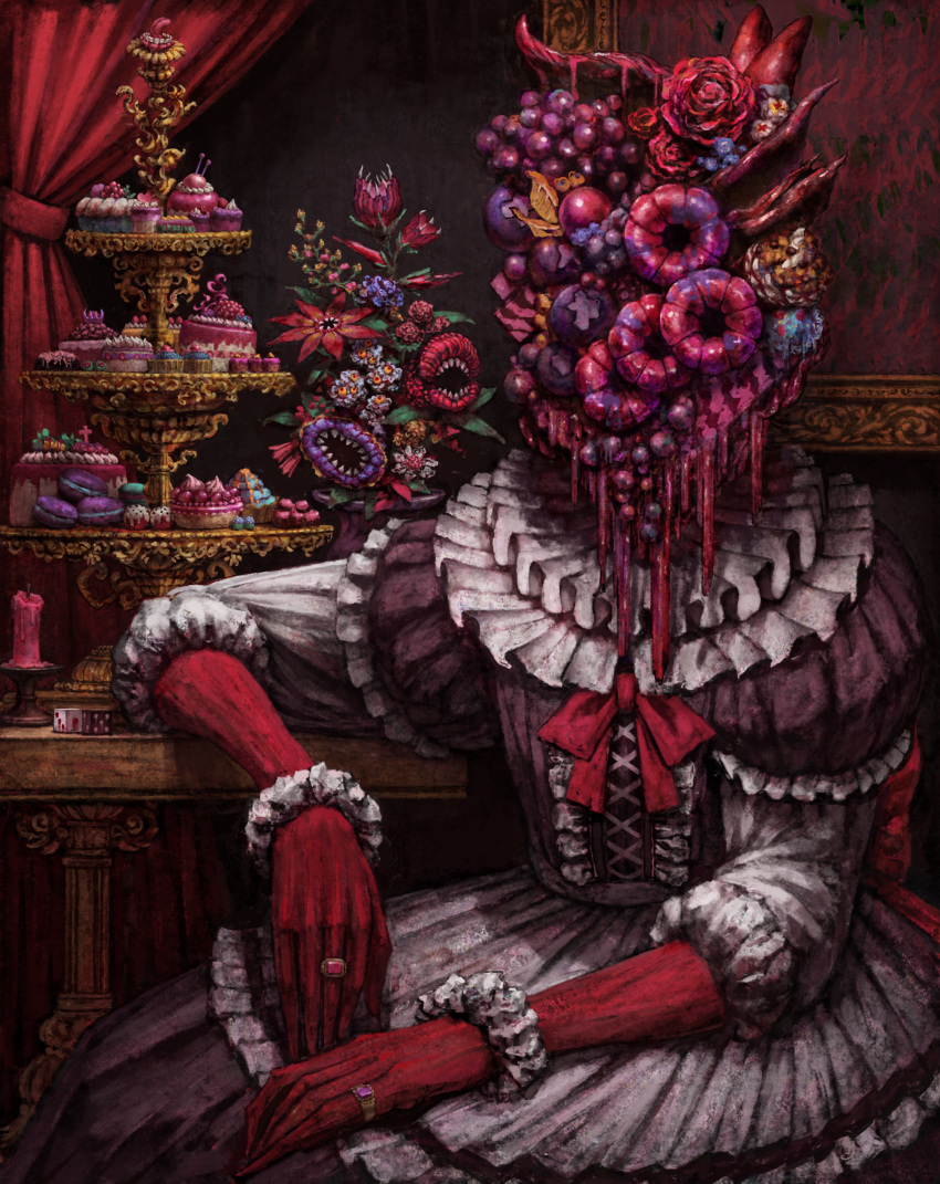 1other, absurdres, ambiguous_gender, blueberry, cake, candle, colored_skin, commentary_request, cross, cupcake, desert, dice, dress, fantasy, flower, flower_request, food, food_stand, frilled_dress, frilled_sleeves, frills, fruit, fruit_request, gestart333, goth_fashion, gothic_lolita, grapes, hand_rest, highres, horror_(theme), indoors, jewelry, lolita_fashion, macaron, multiple_rings, object_head, original, picture_frame, raspberry, red_candle, red_curtains, red_flower, red_ribbon, red_rose, red_skin, ribbon, ring, rose, scrunchie, sharp_teeth, short_sleeves, sitting, solo, table, teeth, tiered_tray, two-tone_dress, wrist_scrunchie
