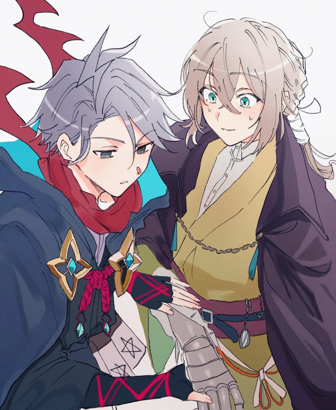 2boys, ahoge, araiyoko_(fxcw5834), bedivere_(fate), belt, black_belt, black_cape, black_eyes