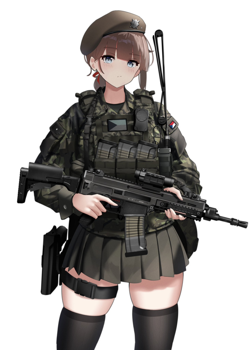 1girl, assault_rifle, beret, black_thighhighs, blue_eyes, brown_hair, brown_hat, camouflage, camouflage_jacket, cz_805_bren, czech_army, czech_flag, expressionless, grey_skirt, gun, hat, highres, jacket, looking_at_viewer, military_uniform, original, rifle, rynn_(rynn_cube), skirt, solo, thigh-highs, uniform, weapon, white_background, woodland_camouflage, zettai_ryouiki