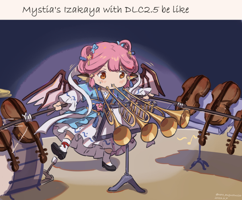 1girl, alternate_costume, animal_ears, bird_ears, blue_dress, blush, bow_(music), chinese_commentary