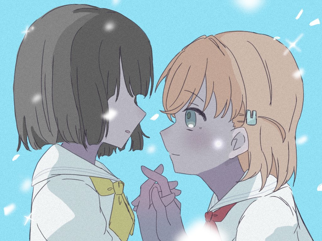 2girls, apou0605, aqua_eyes, black_hair, blue_background, blunt_bangs, blunt_ends, closed_mouth, commentary_request, crossed_bangs, dress, faceless, faceless_female, hair_ornament, hasu_no_sora_school_uniform, hinoshita_kaho, holding_hands, interlocked_fingers, link!_like!_love_live!, looking_at_another, love_live!, medium_hair, momose_ginko, multiple_girls, neckerchief, orange_hair, parody, parody_request, parted_lips, portrait, profile, puffy_short_sleeves, puffy_sleeves, rabbit_hair_ornament, red_neckerchief, sailor_collar, sailor_dress, school_uniform, short_hair, short_sleeves, smile, summer_uniform, two_side_up, virtual_youtuber, white_dress, white_sailor_collar, yellow_neckerchief, yuri