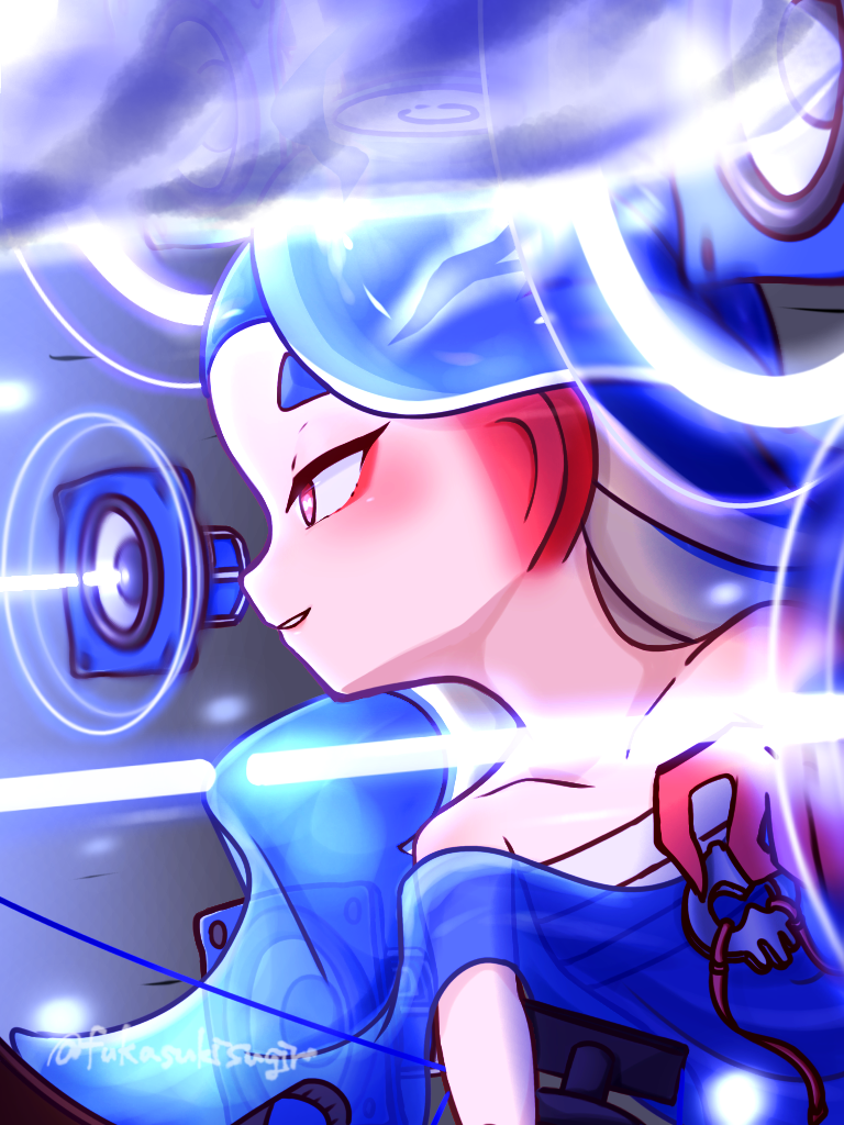 1girl, blue_hair, blue_shawl, cephalopod_eyes, chest_sarashi, commentary_request, from_side, fukasukisugiru