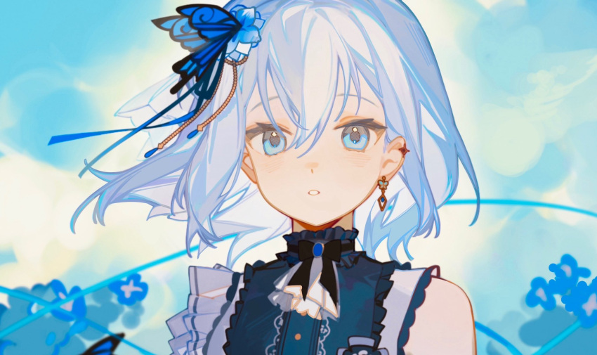 1girl, aqua_shirt, ascot, bang_dream!, black_bow, blue_brooch, blue_eyes, blue_flower, blue_ribbon, blue_sky, blue_theme, blurry, blurry_background, bow, bowtie, butterfly_hair_ornament, buttons, choker, close-up, clouds, double-parted_bangs, dress_shirt, ear_piercing, earrings, flower, frilled_choker, frills, hair_between_eyes, hair_ornament, hair_ribbon, highres, jewelry, kurata_mashiro, medium_hair, outdoors, parted_lips, piercing, portrait, ribbon, shirt, single_earring, single_sleeve, sketch_background, sky, solo, teeth, unkempt, white_ascot, white_hair, wind, yellow_sky, yuumii_0120