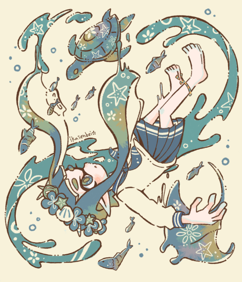 1girl, barefoot, blue_eyes, blue_hair, blue_skirt, commentary_request, fish, head_wreath, highres, ikasenbei_414, inkling, inkling_girl, inkling_player_character, long_hair, manta_ray, marine_day, pleated_skirt, pointy_ears, sailor_collar, sailor_shirt, shirt, simple_background, skirt, solo, splatoon_(series), splatoon_3, tentacle_hair, thick_eyebrows, turtle, water, white_background