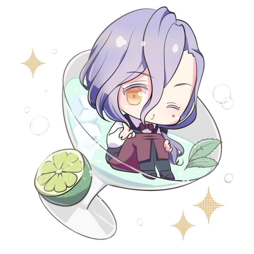 1boy, bermotti_(eiyuu_densetsu), blowing_kiss, chibi, chibi_only, cocktail_glass, colored_eyelashes, commentary_request