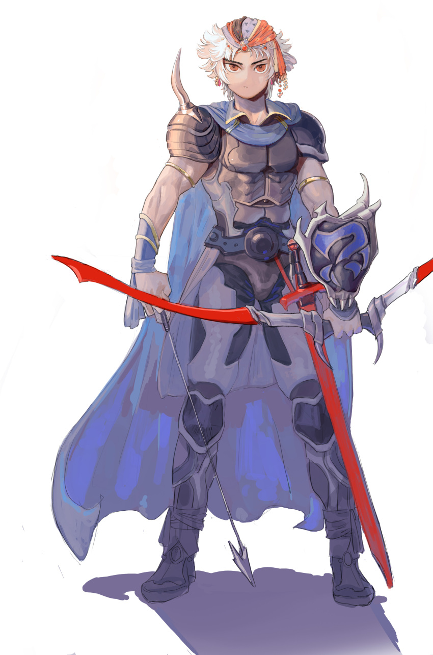 absurdres, arm_shield, armlet, armor, arrow_(projectile), bandana, blue_bandana, blue_cape