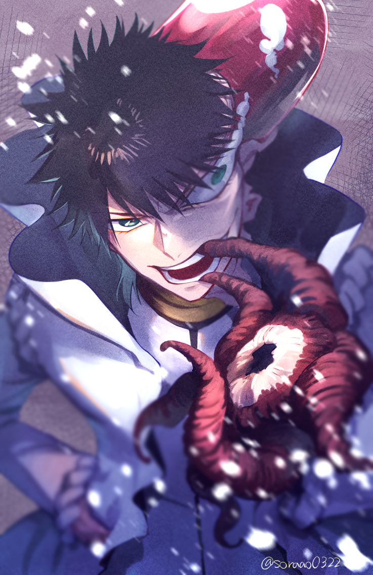 1boy, aaroniero_arruruerie, black_hair, bleach, collared_dress, commentary_request, crazy_eyes, dress