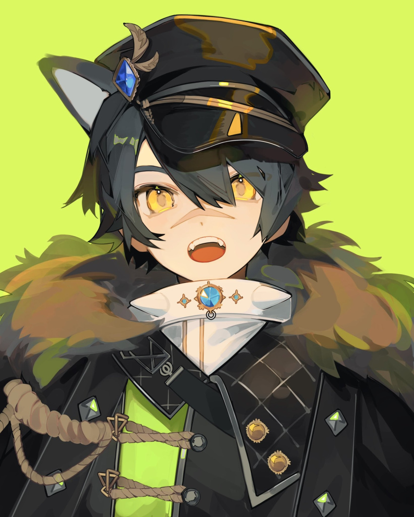 1boy, :o, animal_ears, bishounen, coat, double-parted_bangs, extra_ears, fangs, green_background, hair_between_eyes, highres, karu_(nu_carnival), kemonomimi_mode, layered_clothes, male_focus, nu_carnival, open_mouth, portrait, scar, scar_on_face, scar_on_nose, short_hair, sideways_hat, simple_background, solo, straight-on, teeth, tongue, tsurime, upper_teeth_only, yellow_eyes, yuumii_0120
