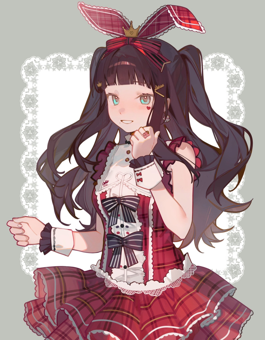 1girl, animal_ears, aqua_eyes, black_hair, blunt_bangs, cowboy_shot, dress, facial_mark