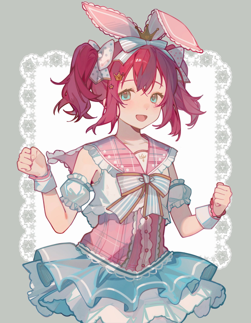 1girl, :d, animal_ears, aqua_eyes, bow, clenched_hands, crop_top, dress_shirt