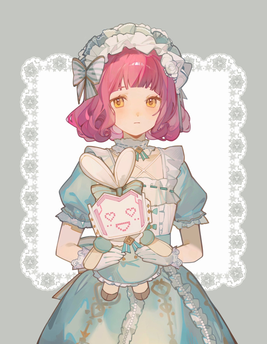 1girl, aqua_dress, arched_bangs, character_doll, closed_mouth, cowboy_shot, curly_hair, dress