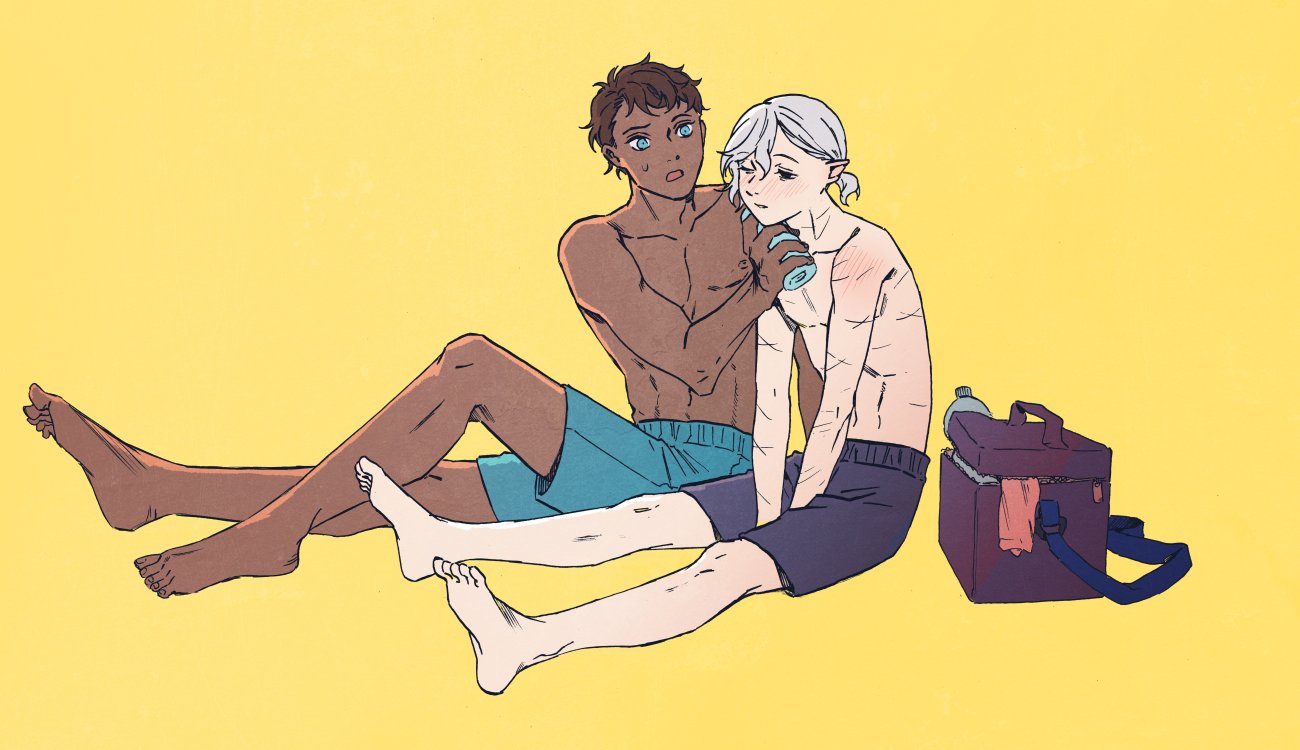 2boys, bag, bags_under_eyes, between_legs, black_eyes, black_hair, blue_eyes, bottle