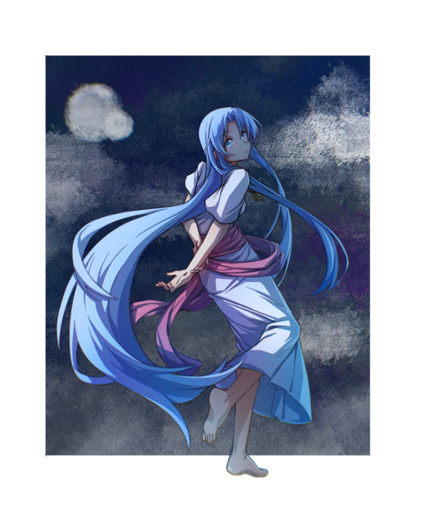 1girl, ancient_ys_vanished, arkibk, barefoot, blue_eyes, blue_hair, border, closed_mouth