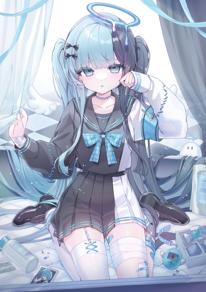 1girl, absurdres, armband, bandaged_arm, bandaged_leg, bandages, black_footwear, black_hair