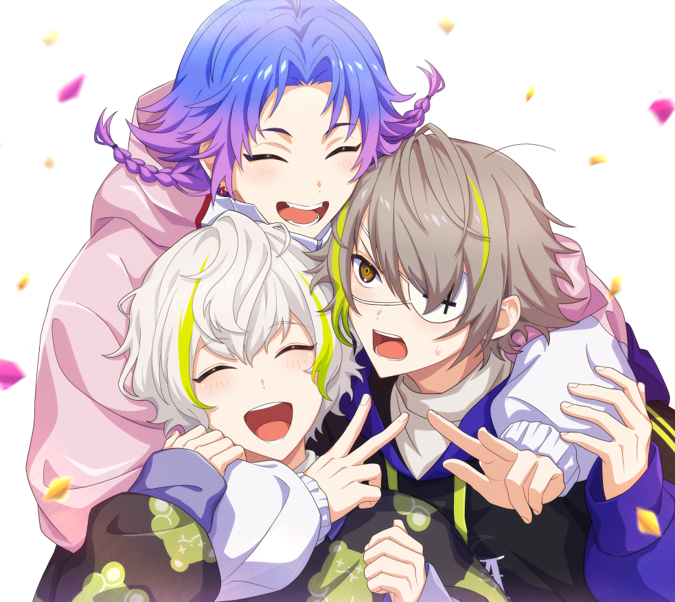 18trip, 3boys, annoyed, arms_around_neck, bishounen, confetti, double_v, group_hug
