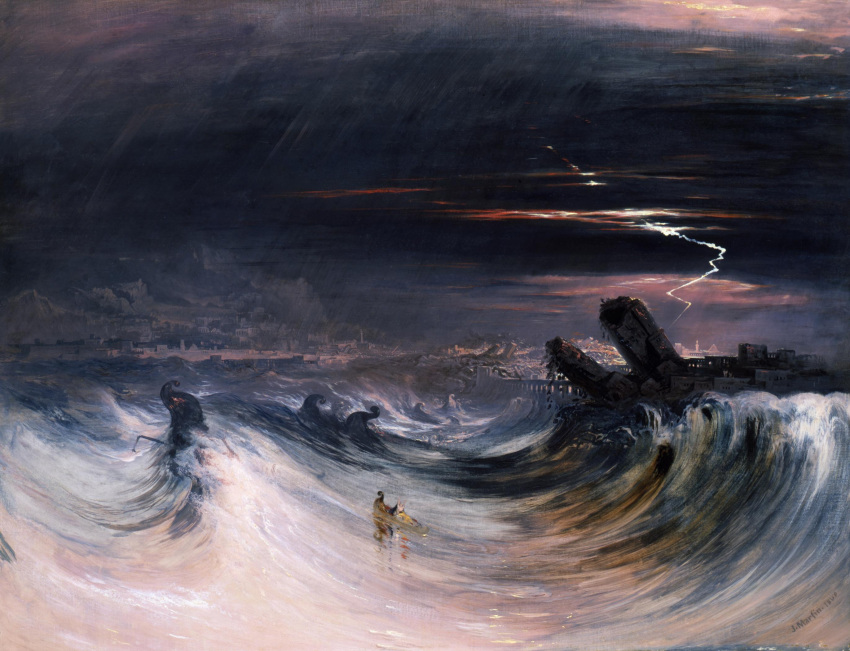 black_sky, city, dated, fine_art, highres, john_martin, landscape, lightning, ocean, oil_painting_(medium), painting_(medium), ruins, scenery, ship, signature, sky, storm, the_bible, traditional_media, water, watercraft, waves, waving