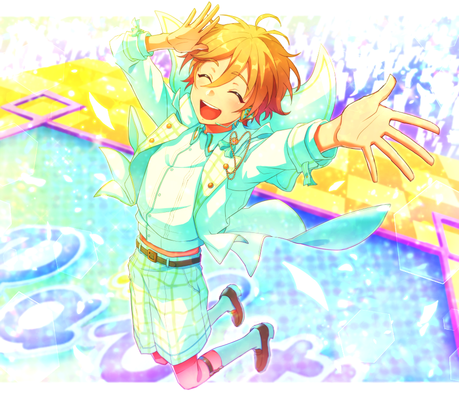 1boy, :d, ^_^, arm_up, bishounen, closed_eyes, dress_shirt, ensemble_stars!