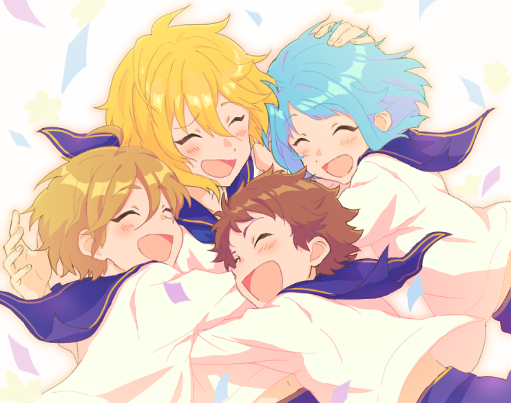 4boys, :d, ^_^, androgynous, bishounen, blush, close-up, closed_eyes