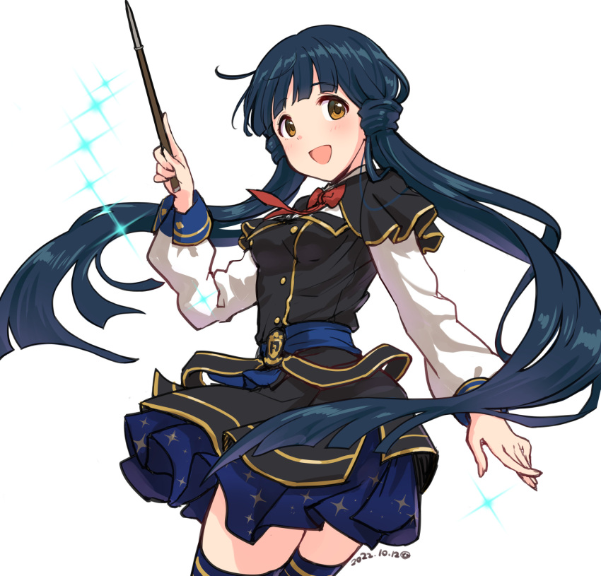 1girl, blue_hair, blue_thighhighs, blush, bow, bowtie, breasts, brown_eyes